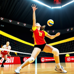 **Volleyball Action Shot:** A dynamic volleyball game scene with a player spiking the ball, emphasizing the power and energy with vibrant red and yellow colors. Focus on the athlete's expression and the ball's trajectory.