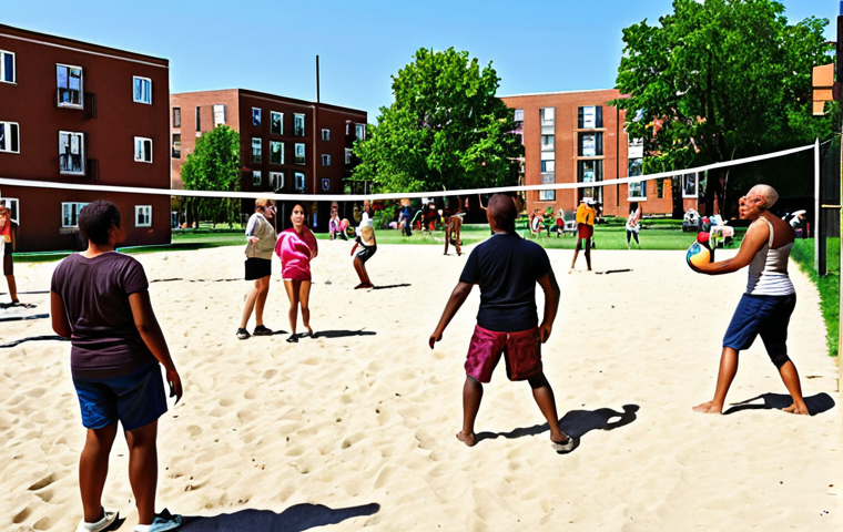 **A vibrant, diverse community playing volleyball in a park on a sunny day. Show people of all ages and backgrounds laughing and interacting while playing. In the background, depict apartment buildings to emphasize the neighborhood setting and sense of community.**