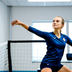 A professional female volleyball player in a modest, functional athletic uniform, fully clothed, appropriate attire, performing a controlled and precise shoulder stretch within a modern, brightly lit sports recovery clinic. Her pose is natural, showcasing perfect anatomy, correct proportions, well-formed hands, and proper finger count. The background features blurred, clean medical equipment and a calm, professional atmosphere. The image emphasizes scientific recovery and injury prevention through dedicated stretching. High-quality professional photography, safe for work, appropriate content, family-friendly.