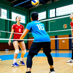 **Teamwork in Volleyball:** "A dynamic volleyball game scene, focusing on teamwork and coordination. Players are fully clothed in athletic wear, executing a complex play with precision. The background features a brightly lit indoor court. Safe for work, appropriate content, professional sports photography, perfect anatomy, natural proportions."