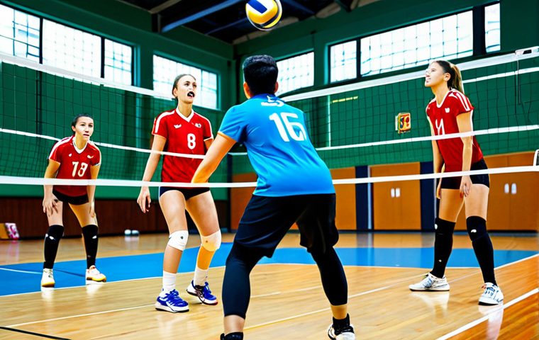 **Teamwork in Volleyball:** "A dynamic volleyball game scene, focusing on teamwork and coordination. Players are fully clothed in athletic wear, executing a complex play with precision. The background features a brightly lit indoor court. Safe for work, appropriate content, professional sports photography, perfect anatomy, natural proportions."