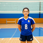 **Subject:** A volleyball player preparing for a match.
    **Clothing:** Fully clothed in a professional volleyball uniform, athletic socks and shoes.
    **Environment:** A bright, clean gymnasium with volleyball nets and equipment in the background.
    **Details:** Perfect anatomy, correct proportions, well-formed hands, natural pose.
    **Modifiers:** Professional photography, high quality, realistic, safe for work, appropriate content, modest, family-friendly.