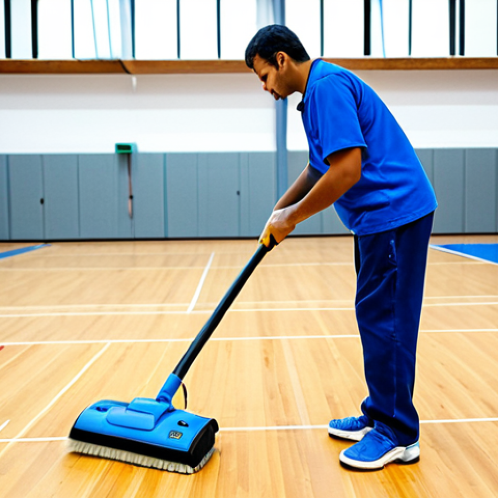 배구 코트 청소 방법 - Volleyball Court Cleaning in Progress**
"A clean, bright indoor volleyball court. A worker is dilig...