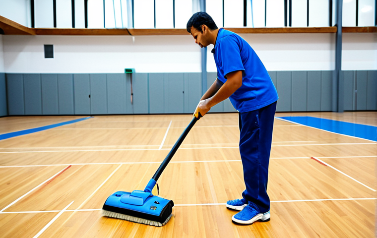 배구 코트 청소 방법 - Volleyball Court Cleaning in Progress**

"A clean, bright indoor volleyball court. A worker is dilig...