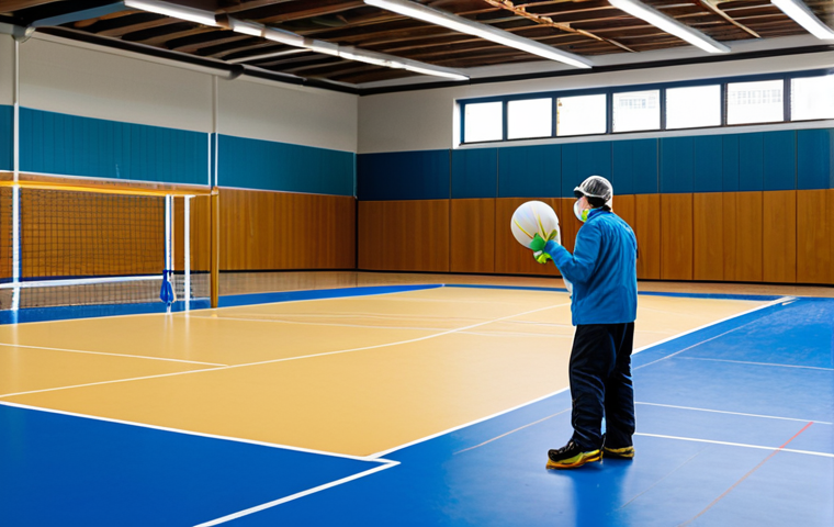 배구 코트 청소 방법 - Volleyball Court Cleaning in Progress**
"A clean, bright indoor volleyball court. A worker is dilig... 배구 코트 청소 방법 - Volleyball Court Cleaning in Progress**
"A clean, bright indoor volleyball court. A worker is dilig...