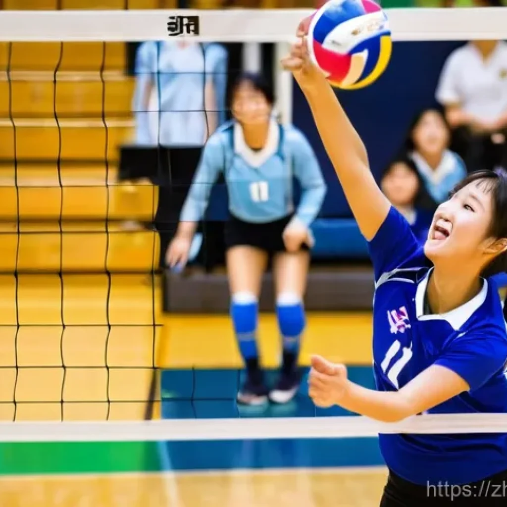 배구의 지역별 인기 차이 - **Prompt:** A dynamic, high-angle shot capturing a climactic moment during a vibrant "Haruko Volley"...