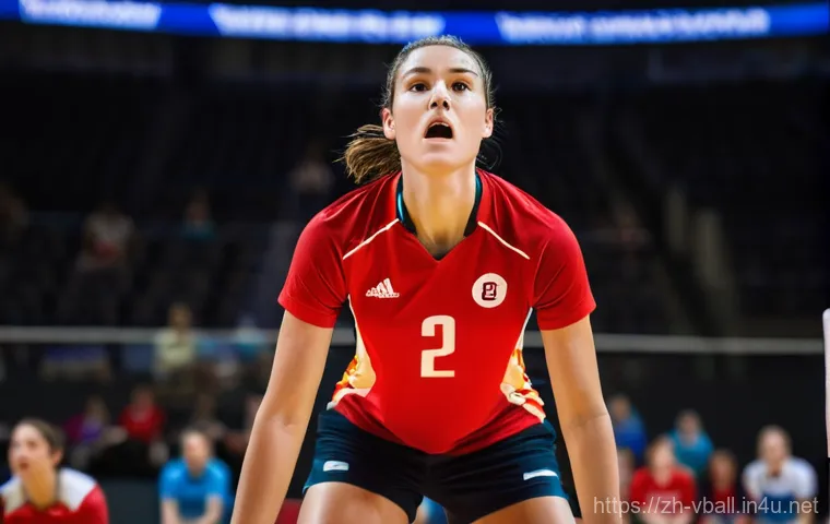 배구 경기와 심리적 압박 - **Prompt:** A female professional volleyball player, mid-twenties, in a brightly lit indoor arena, i...