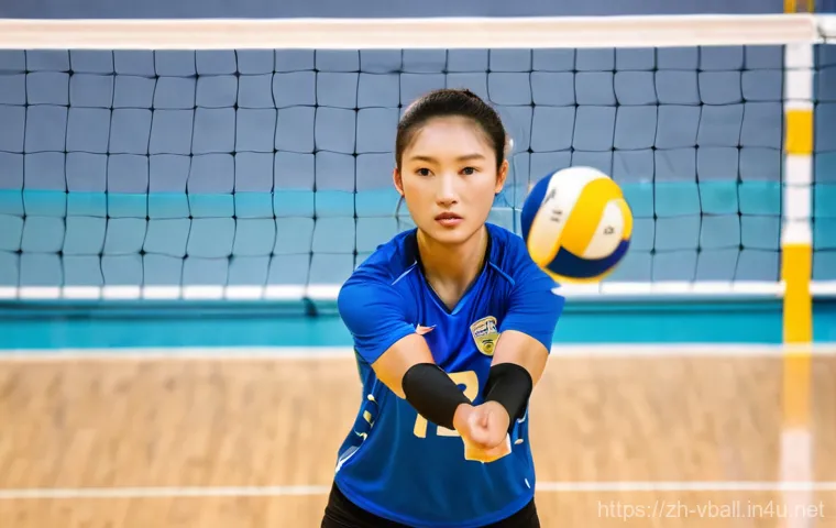 배구 훈련 시 가장 흔한 실수 - **Volleyball Forearm Pass (Dian Qiu)**: A female volleyball player, mid-action, executing a perfect ...
