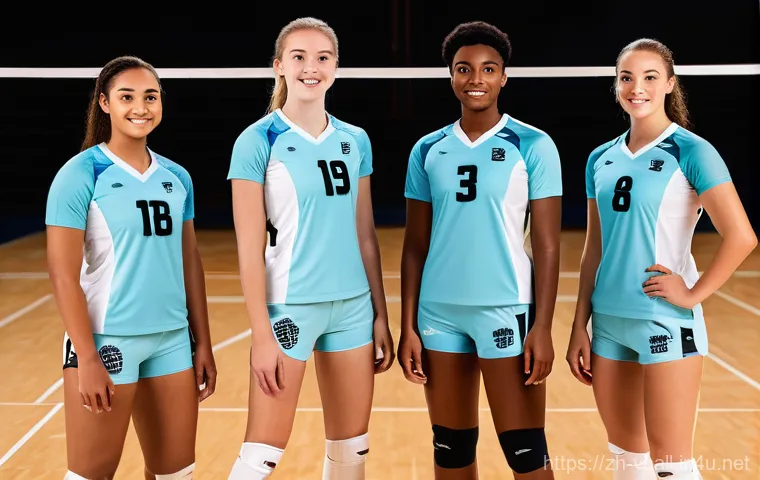 배구 유니폼 색상 선택 팁 - **Strategic Huddle, Cool Tones:** A composed and focused shot of a co-ed volleyball team (diverse ag...