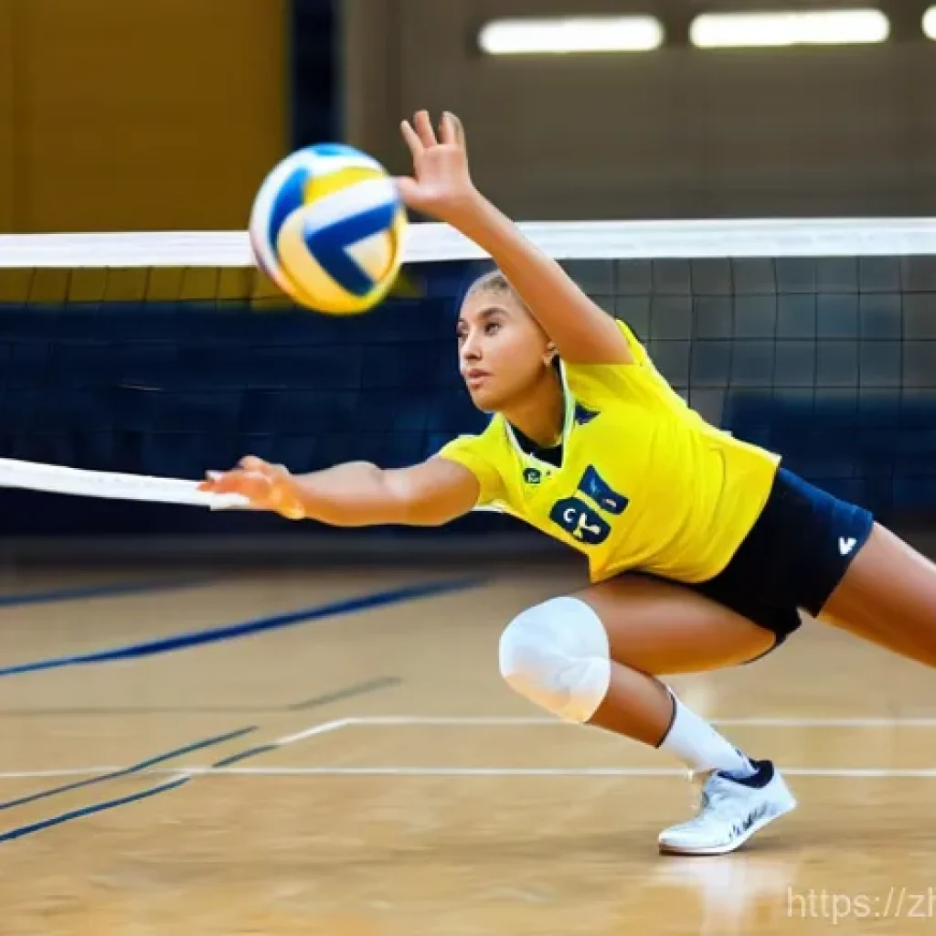 배구 경기 중 신체 균형 유지 - **A powerful female volleyball player mid-spike, showcasing exceptional core strength and balance.**...