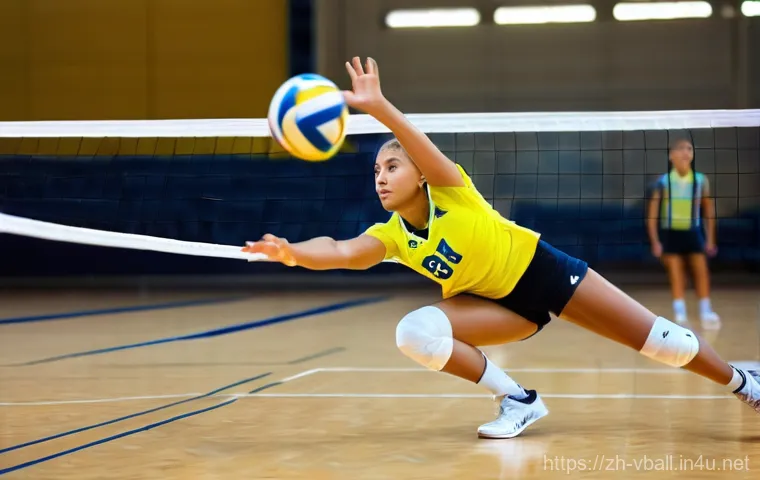 배구 경기 중 신체 균형 유지 - **A powerful female volleyball player mid-spike, showcasing exceptional core strength and balance.**...