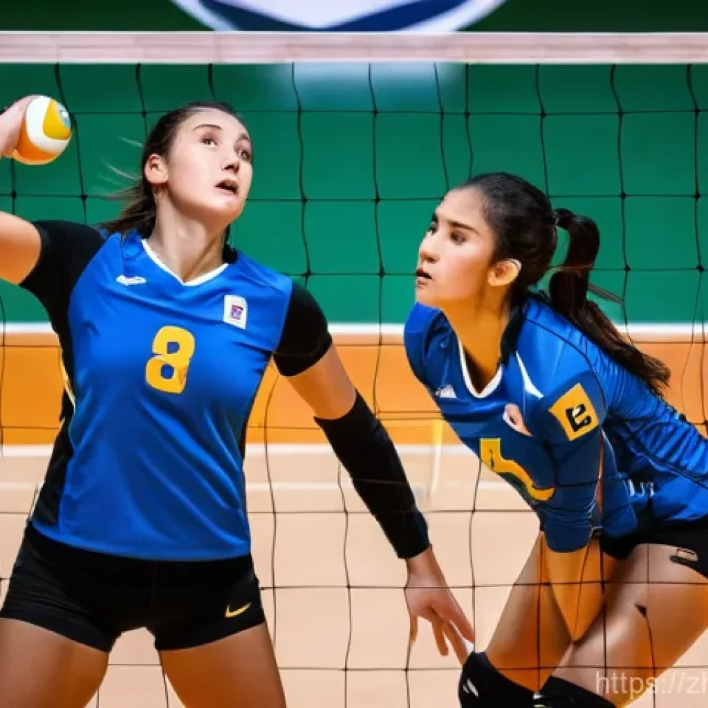 배구 경기에서의 중요한 순간 - **"Textbook Block"**: A dynamic, high-angle action shot of two female volleyball players, dressed in...