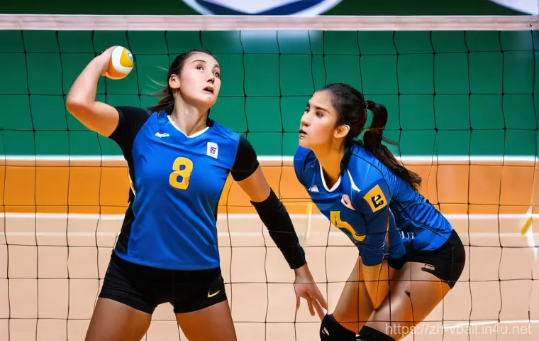 배구 경기에서의 중요한 순간 - **"Textbook Block"**: A dynamic, high-angle action shot of two female volleyball players, dressed in...
