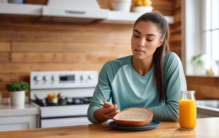 배구 경기 중 에너지 보충법 - **Prompt:** A focused female volleyball athlete in her kitchen, meticulously preparing a balanced pr...