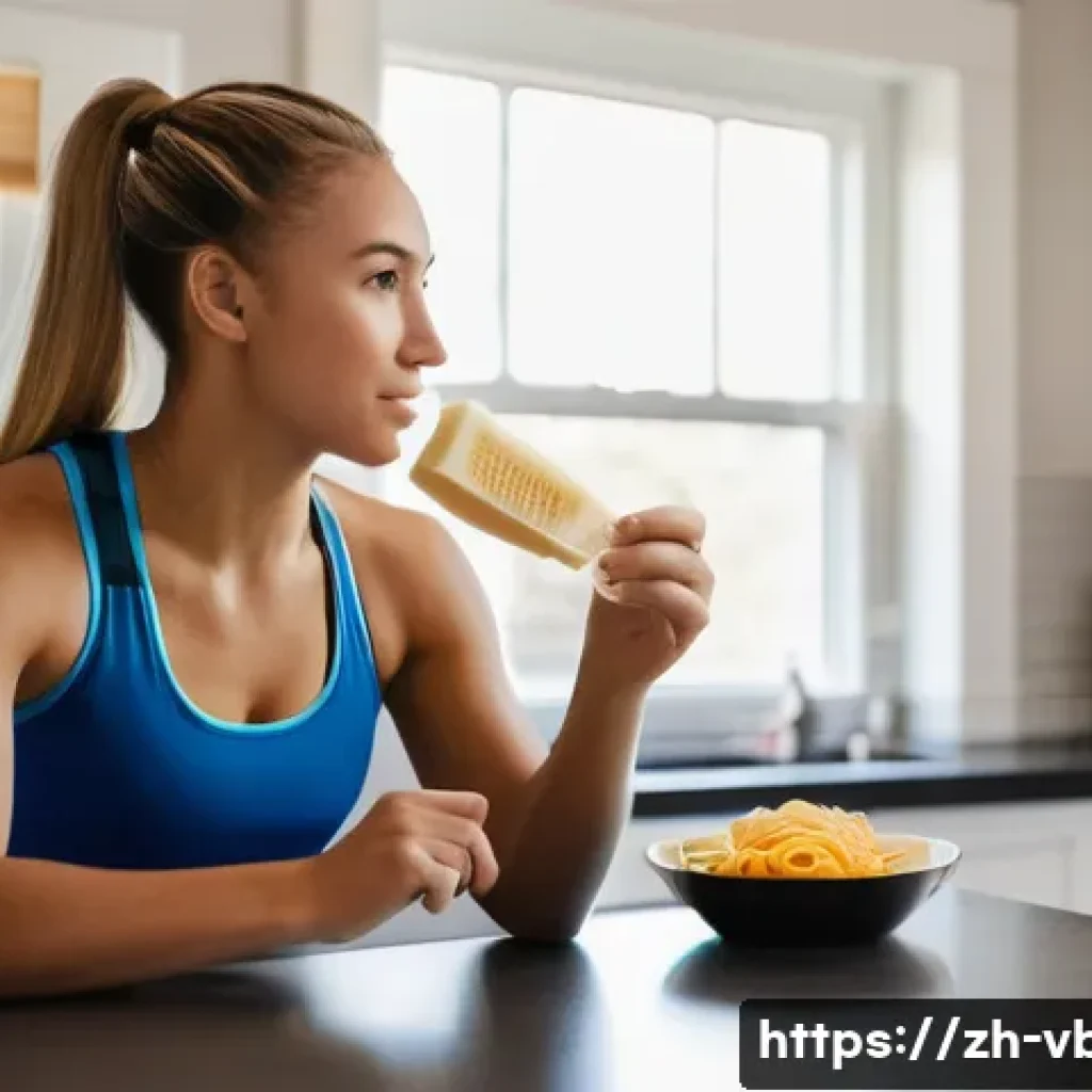 배구 경기 중 효율적인 에너지 사용 - **Pre-Game Fuel & Focus:** A female volleyball player, athletic and fit, in her mid-20s, is seated a...