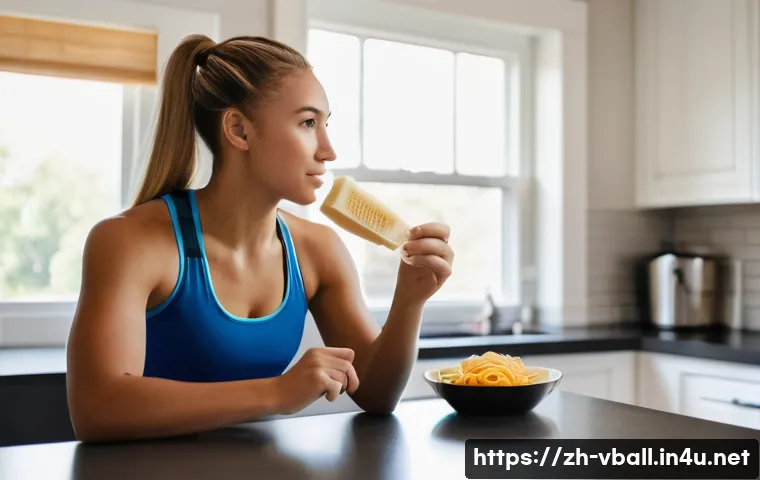 배구 경기 중 효율적인 에너지 사용 - **Pre-Game Fuel & Focus:** A female volleyball player, athletic and fit, in her mid-20s, is seated a...