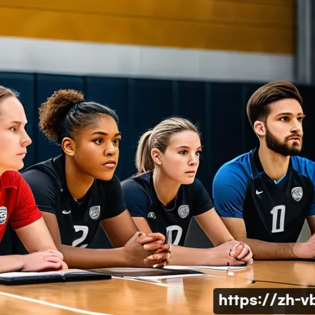 배구 대회 후 피드백 작성법 - **Prompt 1: Focused Post-Match Analysis Session**
    A diverse group of 6-8 adult volleyball player...