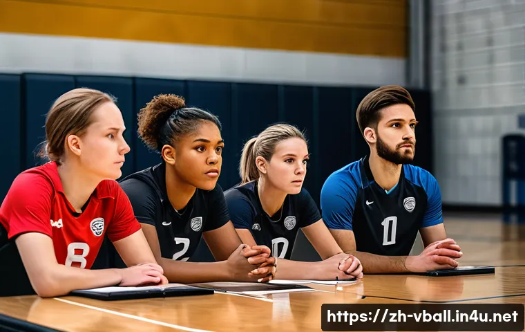 배구 대회 후 피드백 작성법 - **Prompt 1: Focused Post-Match Analysis Session**
    A diverse group of 6-8 adult volleyball player...