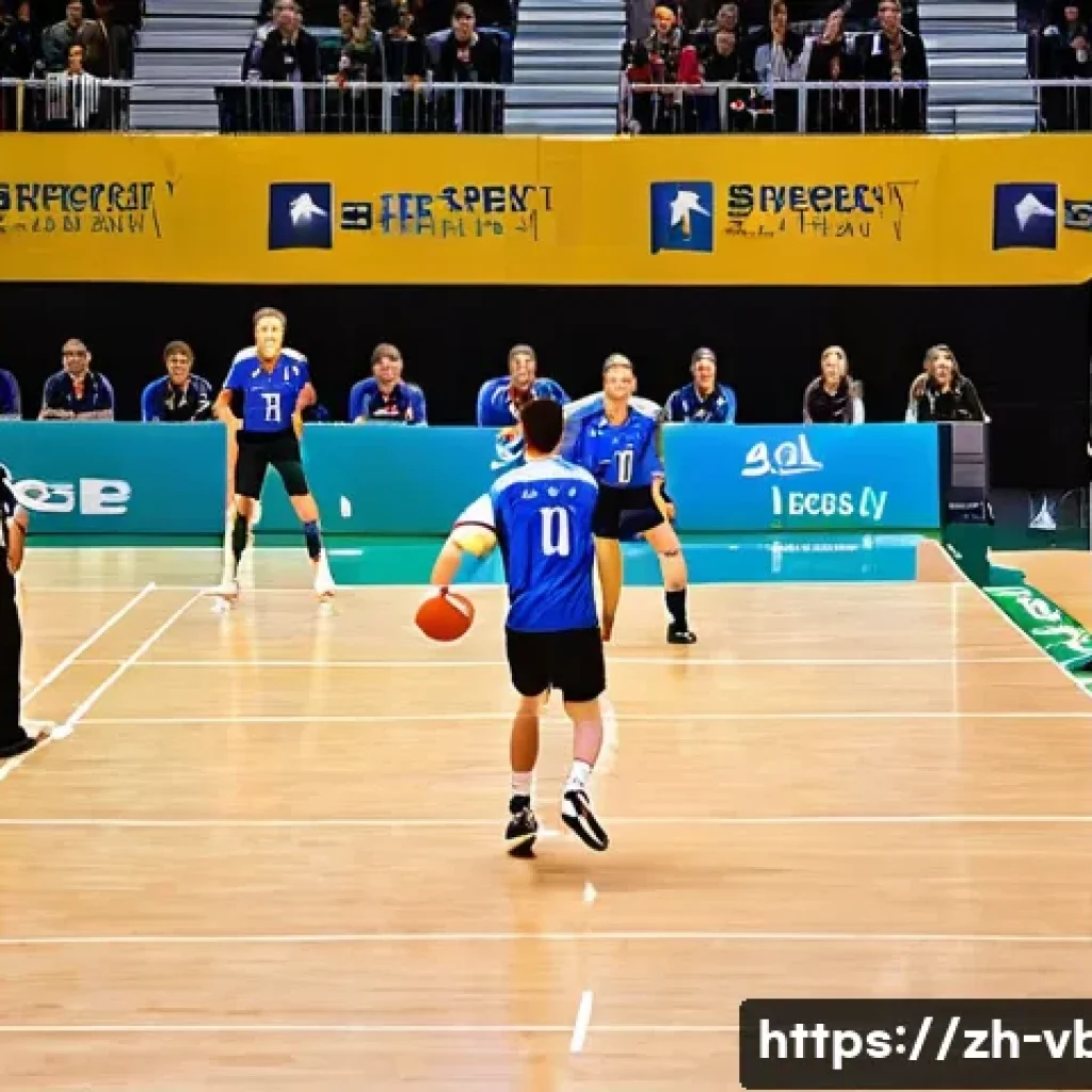 배구 대회 운영비 계산 - A vibrant indoor volleyball court scene during a competitive match, featuring players in professiona...