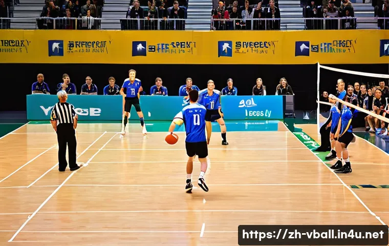배구 대회 운영비 계산 - A vibrant indoor volleyball court scene during a competitive match, featuring players in professiona...