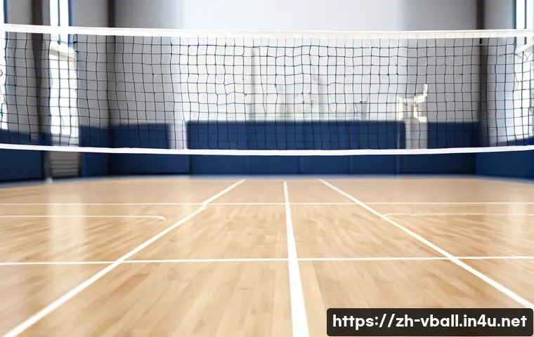 배구 경기장의 구조 - A highly detailed indoor volleyball court scene showcasing the standard dimensions of 18 meters leng...