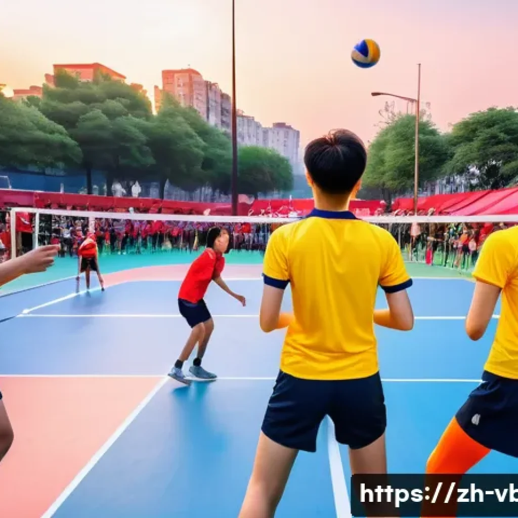 배구 인기 상승의 배경 - A vibrant scene of young Chinese athletes playing volleyball on a modern outdoor court during sunset...