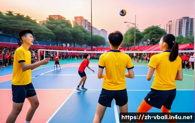 배구 인기 상승의 배경 - A vibrant scene of young Chinese athletes playing volleyball on a modern outdoor court during sunset...