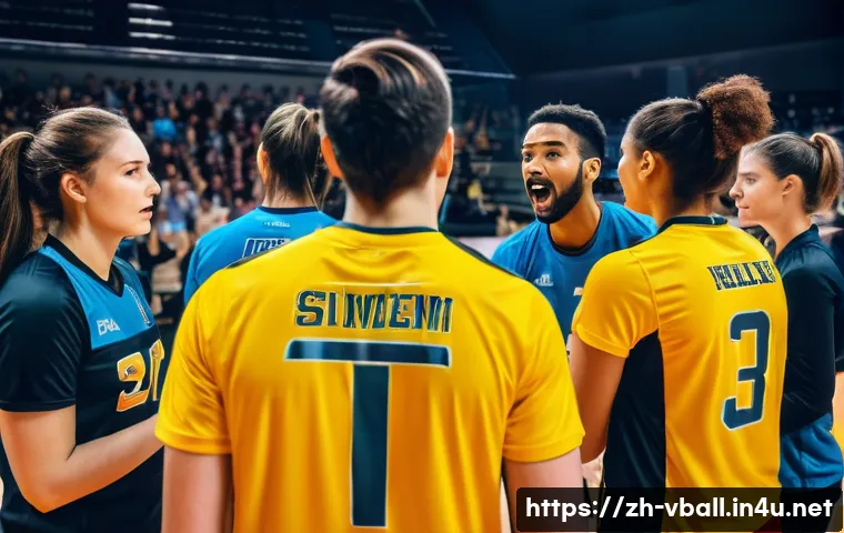 배구 경기 중 작전 타임 활용법 - A high-intensity volleyball match scene during a tactical timeout, featuring a focused coach giving ...
