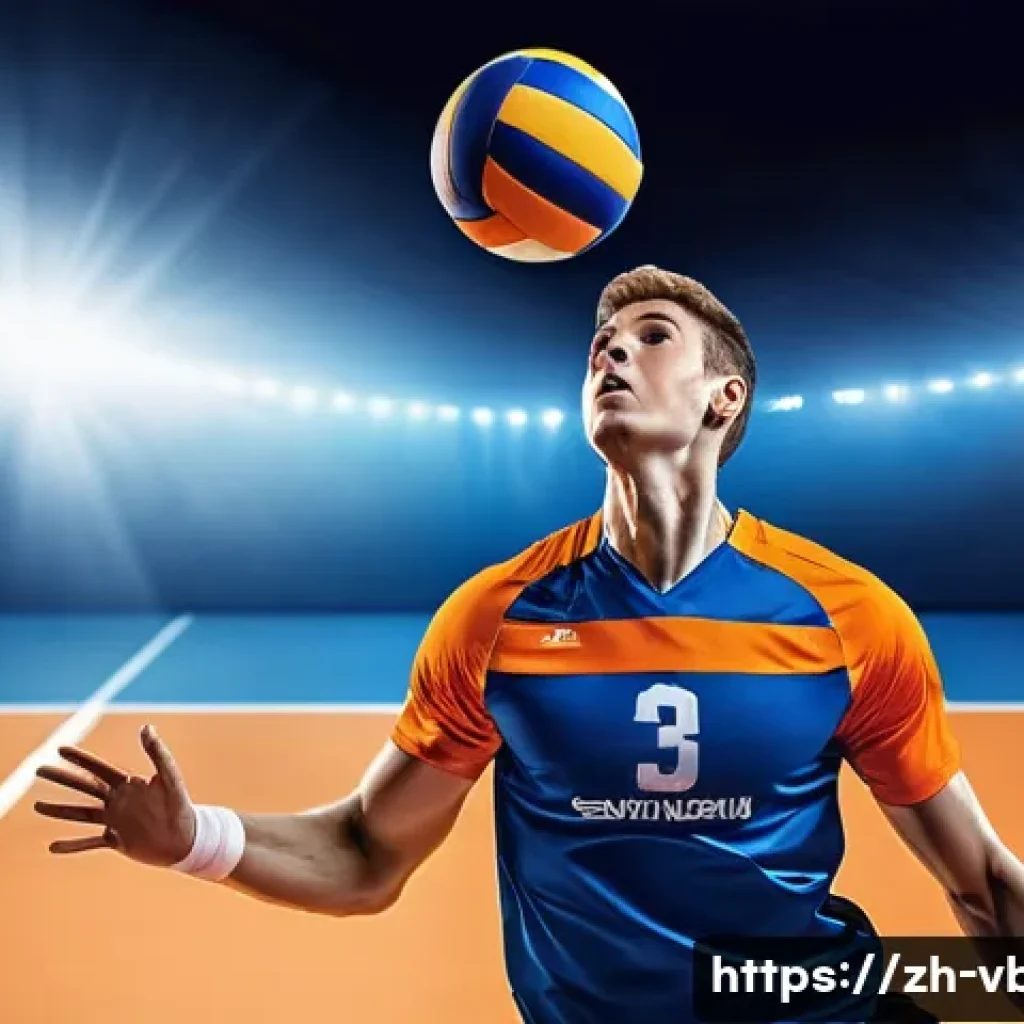 배구 관련 포스터 제작 - A dynamic volleyball poster featuring a powerful male athlete in mid-air spiking the ball, wearing b...