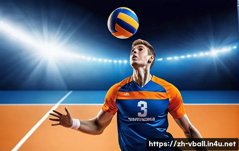 배구 관련 포스터 제작 - A dynamic volleyball poster featuring a powerful male athlete in mid-air spiking the ball, wearing b...