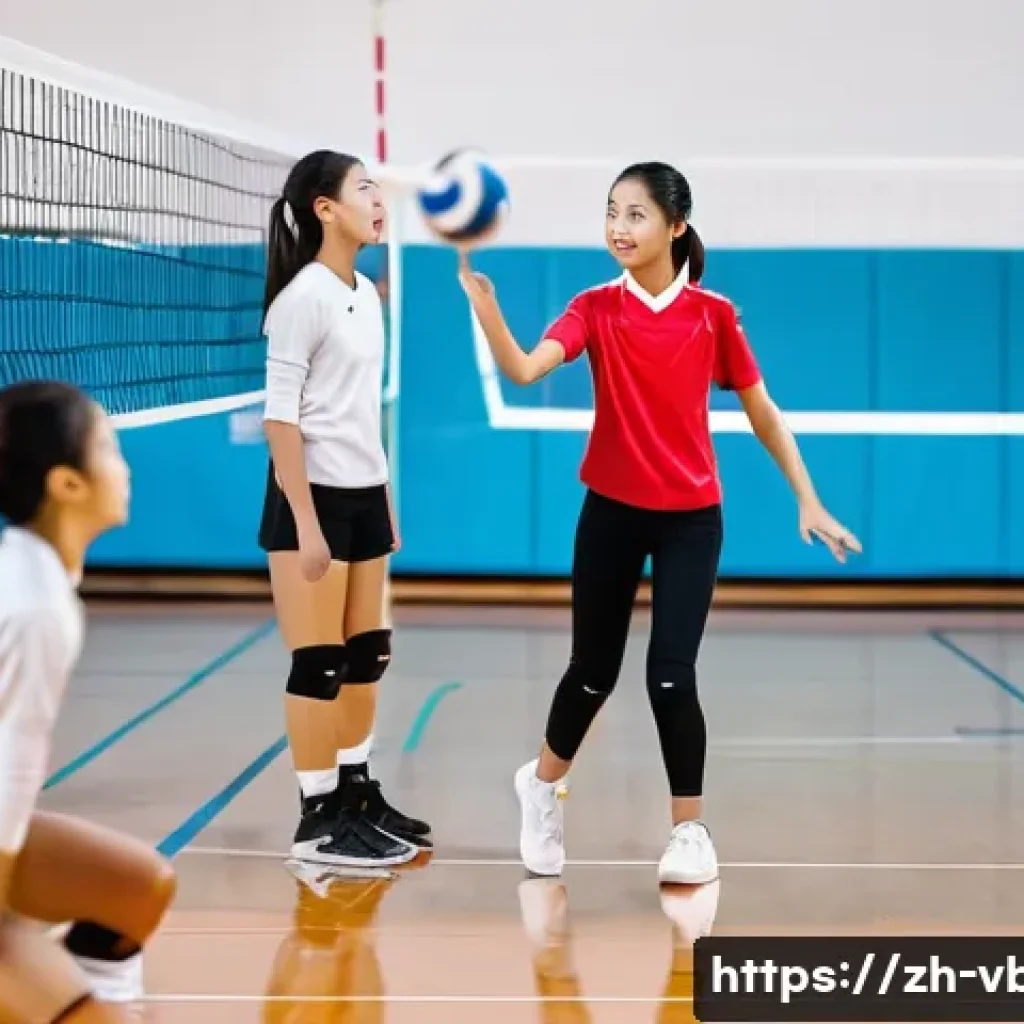 배구 관련 교육 과정 - A dynamic volleyball training scene showing a group of young Asian players practicing basic volleyba...