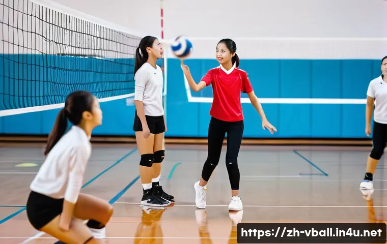 배구 관련 교육 과정 - A dynamic volleyball training scene showing a group of young Asian players practicing basic volleyba...