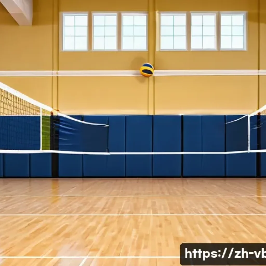 배구 실습장비 목록 - A professional indoor volleyball court scene featuring a sturdy, adjustable net set at the standard ...