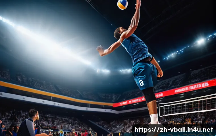 배구 경기력 향상 프로그램 - A dynamic scene of a professional volleyball player performing a high jump spike during an intense m...