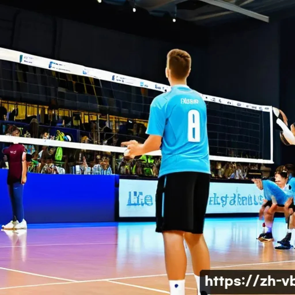 배구 경기 중 선수 교체 전략 - A dynamic volleyball match scene inside a modern indoor stadium filled with intense lighting and a c...