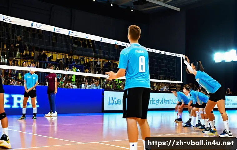 배구 경기 중 선수 교체 전략 - A dynamic volleyball match scene inside a modern indoor stadium filled with intense lighting and a c...