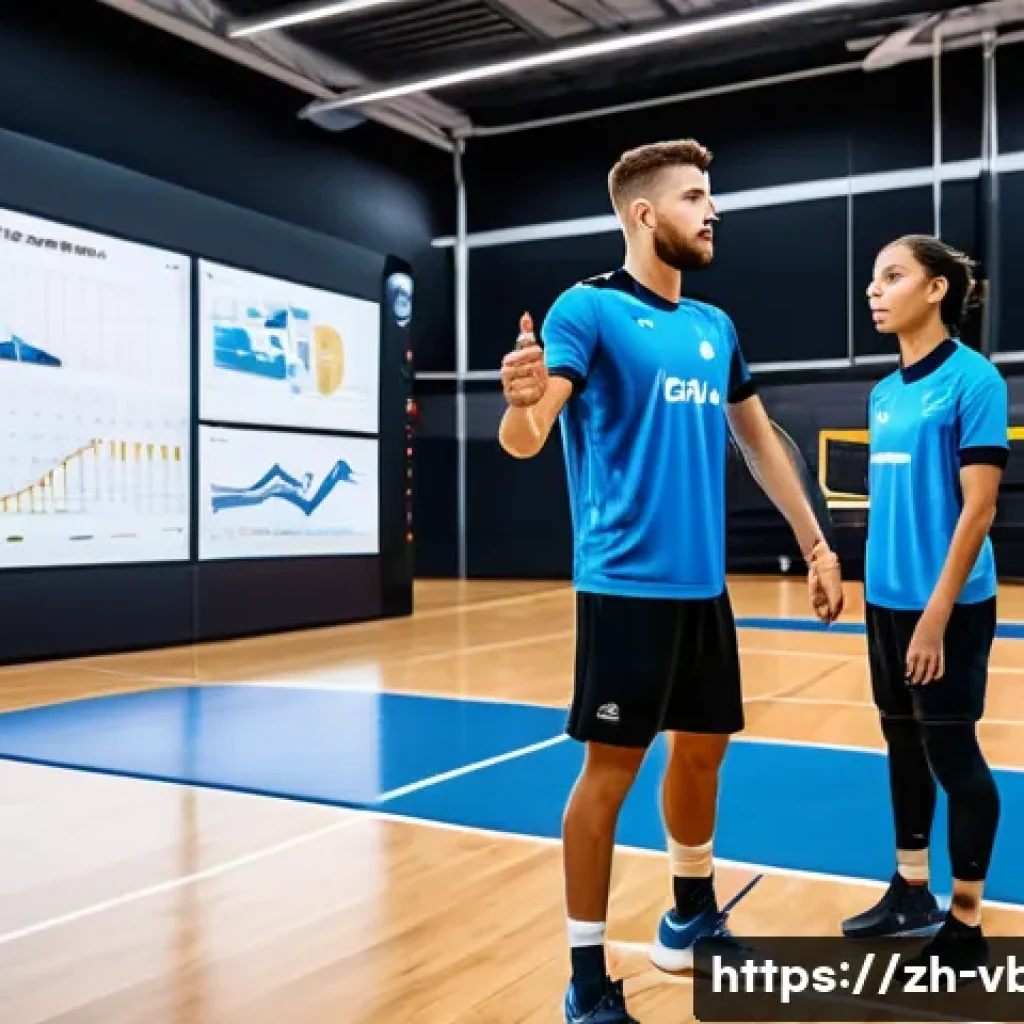 배구 경기 전략의 변화 - A high-tech volleyball training scene showing a diverse team of athletes wearing athletic gear and s...