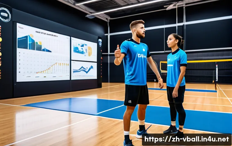 배구 경기 전략의 변화 - A high-tech volleyball training scene showing a diverse team of athletes wearing athletic gear and s...