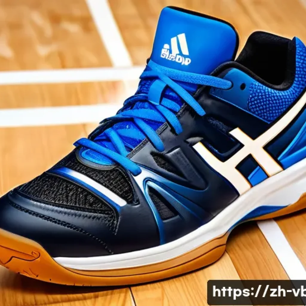 배구 장비 선택 가이드 - A detailed close-up of a volleyball shoe designed for indoor court use, featuring a durable rubber s...