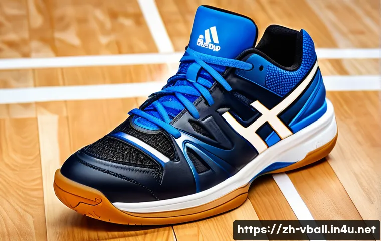 배구 장비 선택 가이드 - A detailed close-up of a volleyball shoe designed for indoor court use, featuring a durable rubber s...