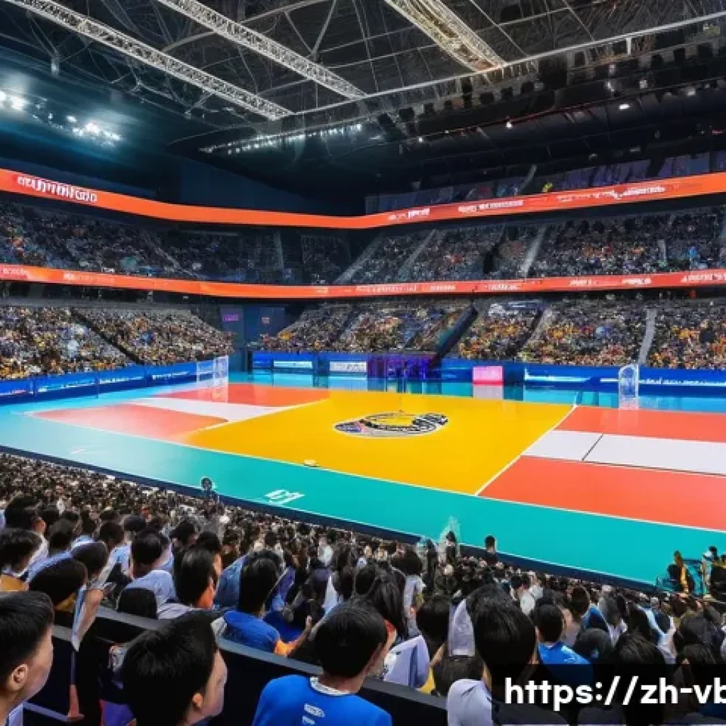 배구 대회 스폰서십 활용 - A vibrant volleyball stadium filled with diverse young fans and families, colorful banners and digit...