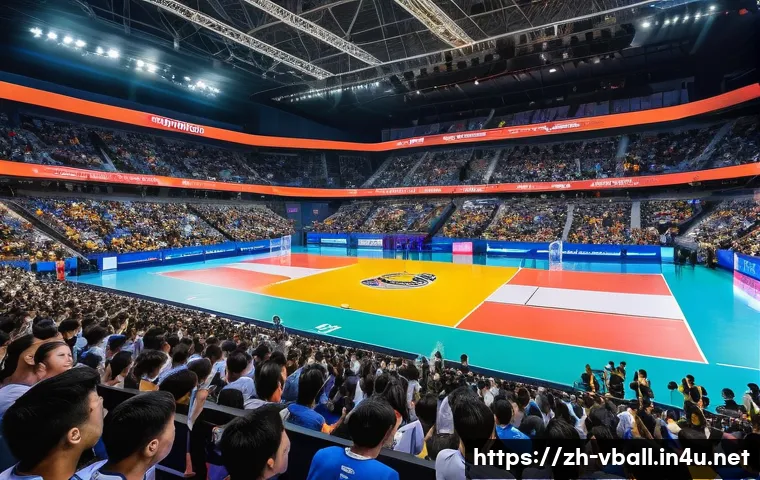 배구 대회 스폰서십 활용 - A vibrant volleyball stadium filled with diverse young fans and families, colorful banners and digit...