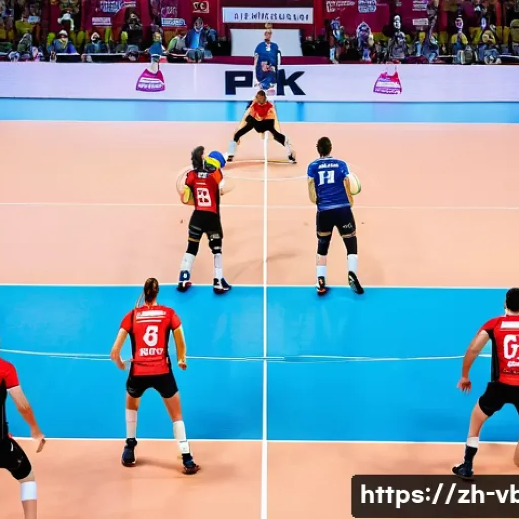 배구 해외 리그 정보 - A dynamic scene from an Italian Volleyball Super League match showcasing powerful players in athleti...