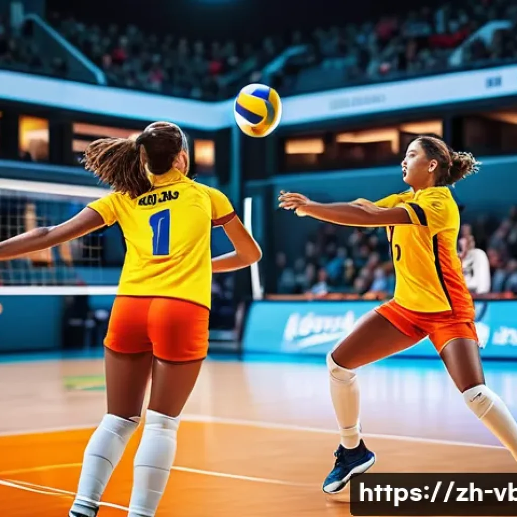 배구 대회의 주요 하이라이트 - A dynamic volleyball match scene featuring a diverse team executing precise, fast-paced teamwork on ...