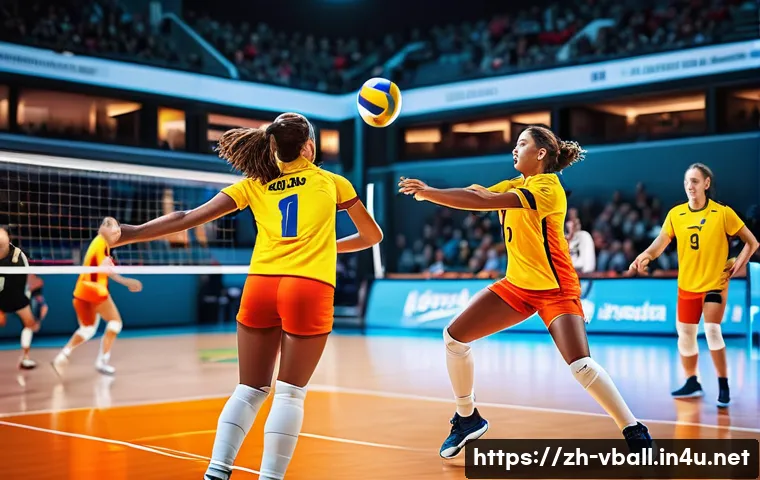 배구 대회의 주요 하이라이트 - A dynamic volleyball match scene featuring a diverse team executing precise, fast-paced teamwork on ...