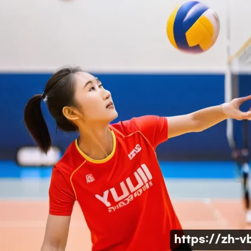 배구 트레이닝 방법 비디오 - A detailed scene of a young Chinese volleyball player practicing precise serving technique indoors, ...