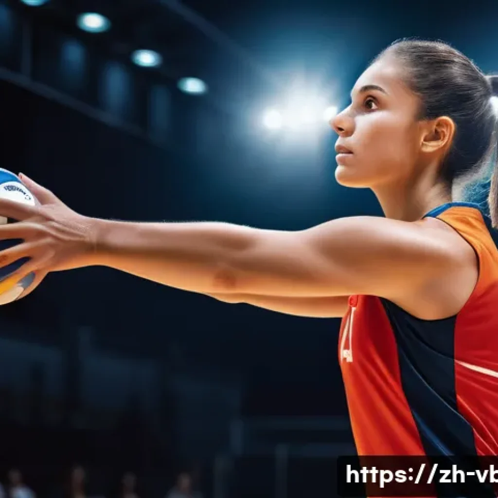 배구 경기 중 흔한 실수 - A detailed scene of a volleyball player preparing to serve with precise wrist and finger positioning...