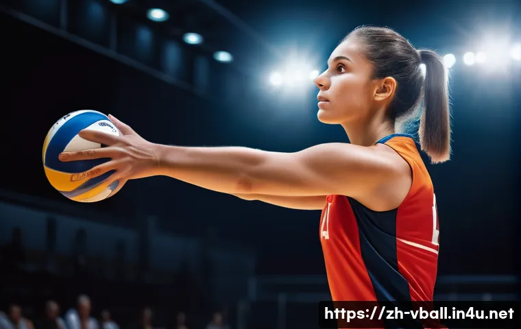 배구 경기 중 흔한 실수 - A detailed scene of a volleyball player preparing to serve with precise wrist and finger positioning...
