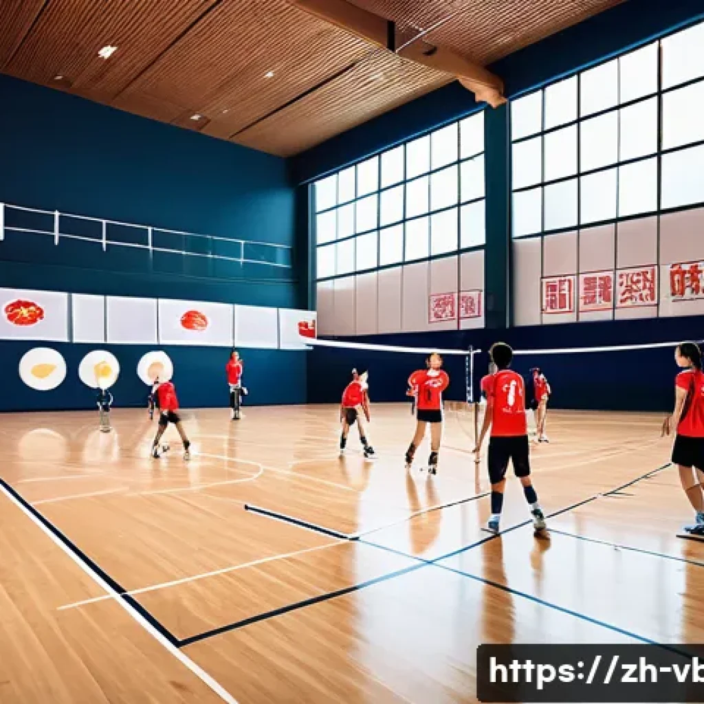 배구 레슨 비용 - A dynamic volleyball training scene in a modern indoor sports facility located in a bustling Chinese...