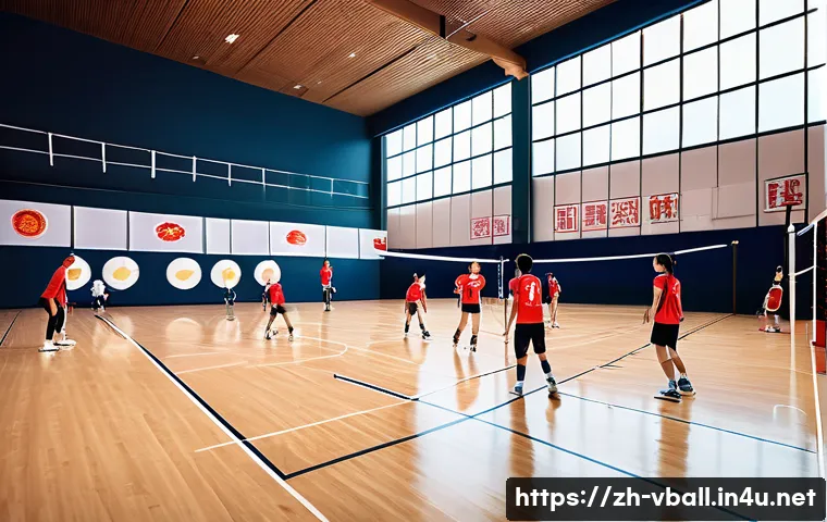 배구 레슨 비용 - A dynamic volleyball training scene in a modern indoor sports facility located in a bustling Chinese...